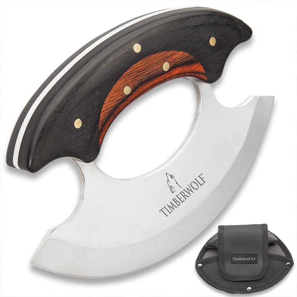 Timber Wolf Shredder Ulu Knife With Sheath | Great For Slicing & Chopping Food | Stainless Steel Blade | Wooden Handle Scales | Brass Pins | Belt Sheath Included | Overall Length 3 3/4”