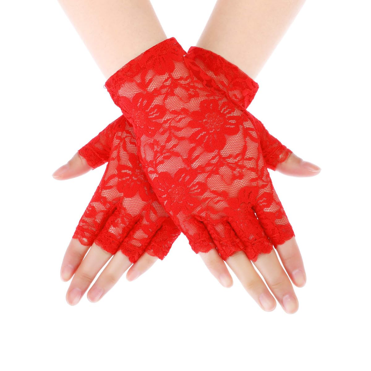 MAKFORT Ladies Half Finger Lace Gloves Red UV Protection for 80s Fancy Dress Party