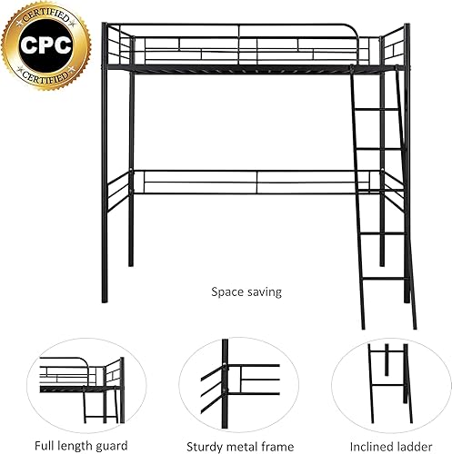 Miniatura 5 de Ochangqi Cama alta de metal individual, cama alta de metal resistente con escalera y rieles de protección de alta seguridad, cama loft moderna