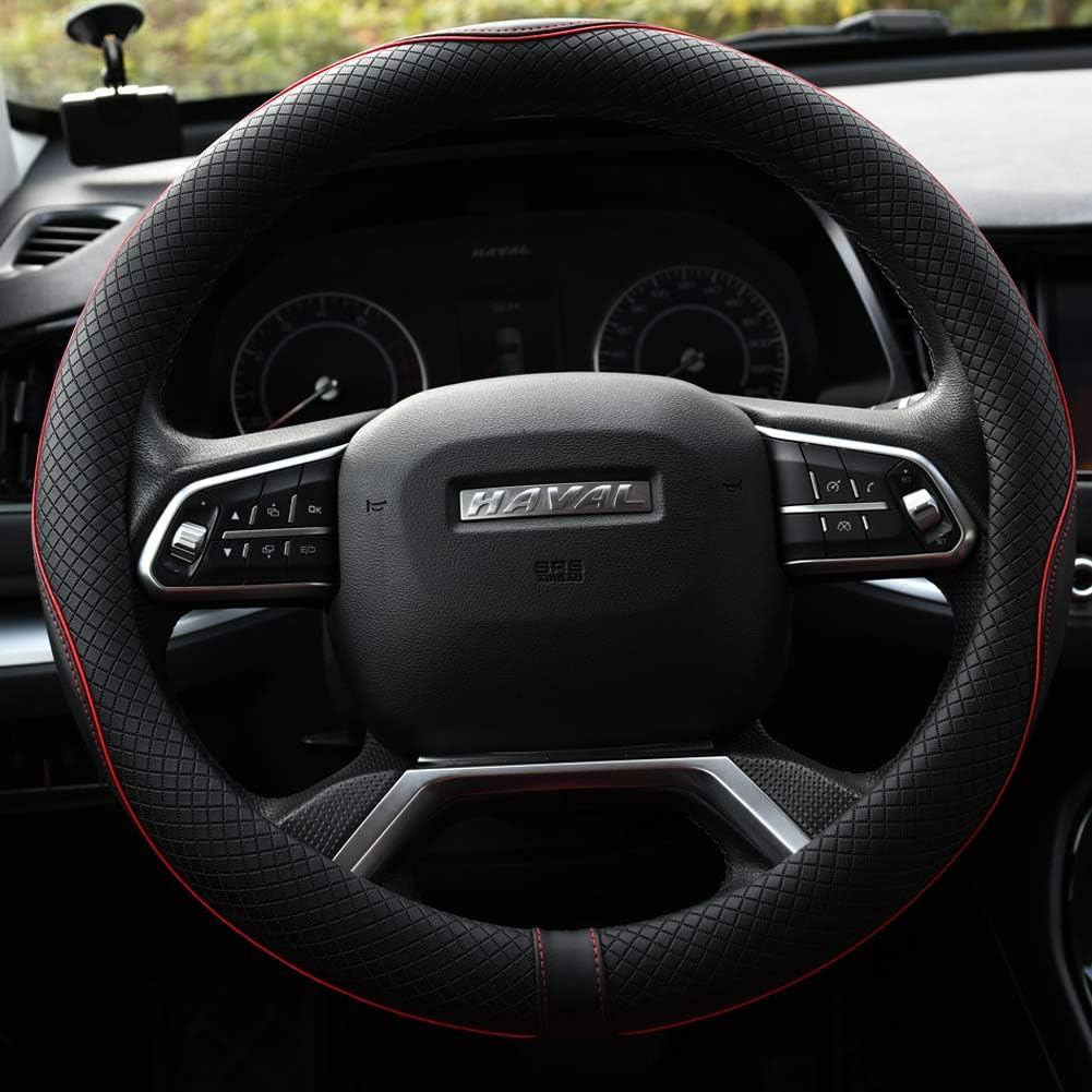 Rueesh Microfiber Leather Steering Wheel Cover Anti-Slip Matte Finish Auto Car Wheel Cover Universal 15 Inch Wheel Cover for Car Embossing Pattern Red Line : Automotive