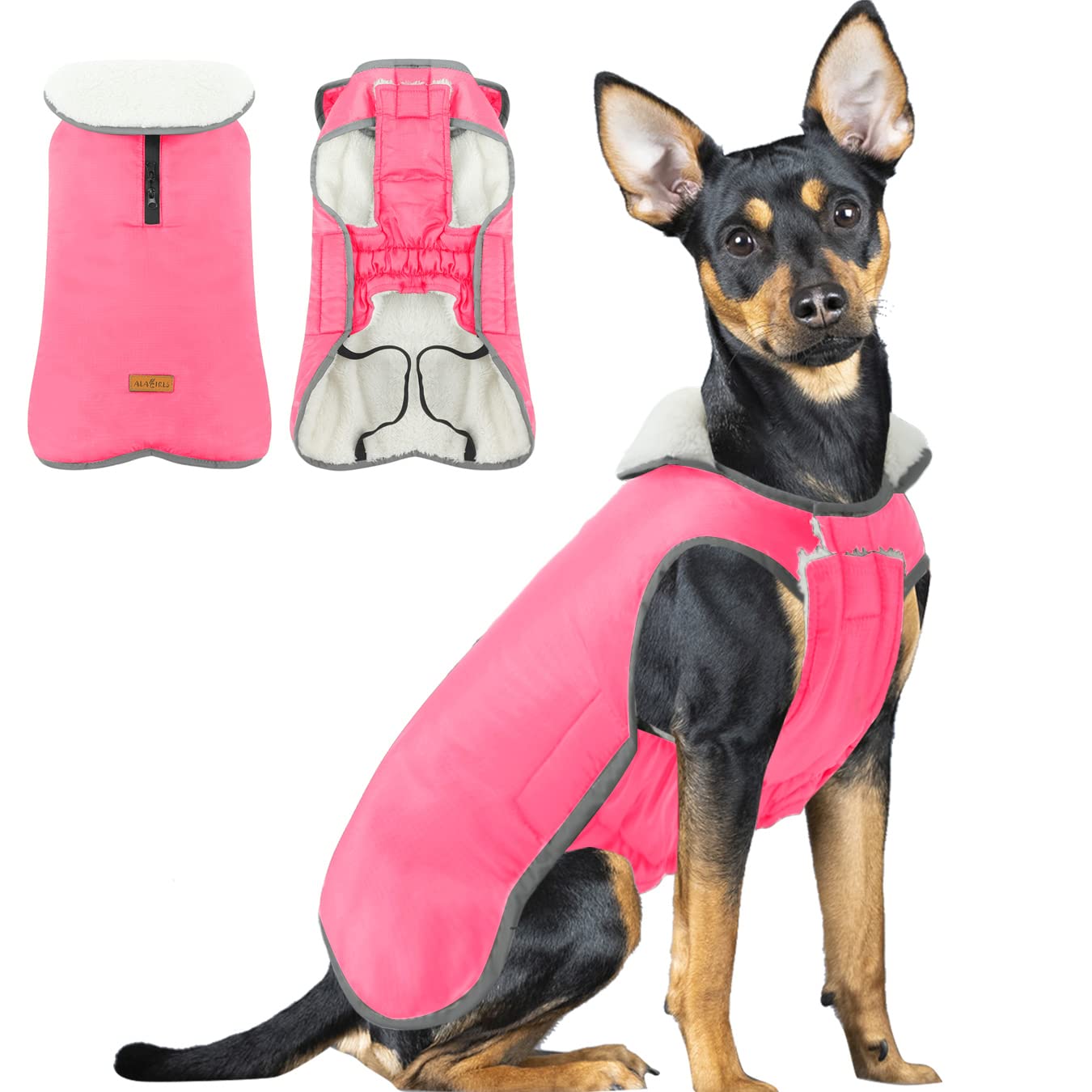 ALAGIRLS Dog Coats Waterproof Medium Size, Fleece Lined Dog Jacket with Harness, Turtleneck Reflective Dog Vest for Cold Weather, Warm Dog Hunting Vest Fleece Dog Coat, Pink M