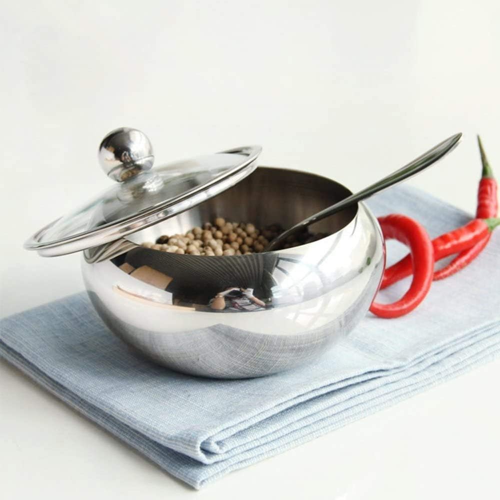 qiuqiu Spice Storage Container Small Stainless Steel Sugar Bowl with Lid and Sugar Scoop for Home and Kitchen-L