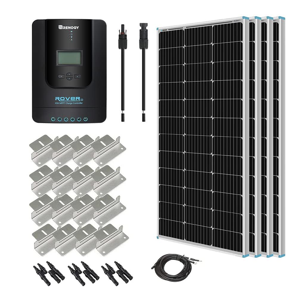 Renogy 400W 12V Solar Panel Starter Kit, 4*100 Watt Monocrystalline Solar Panel, MPPT 40A Charge Controller, Adaptor Kit, Tray Cables, Mounting Z Brackets for RV, Boats, Camper, Marine,Off-Grid System
