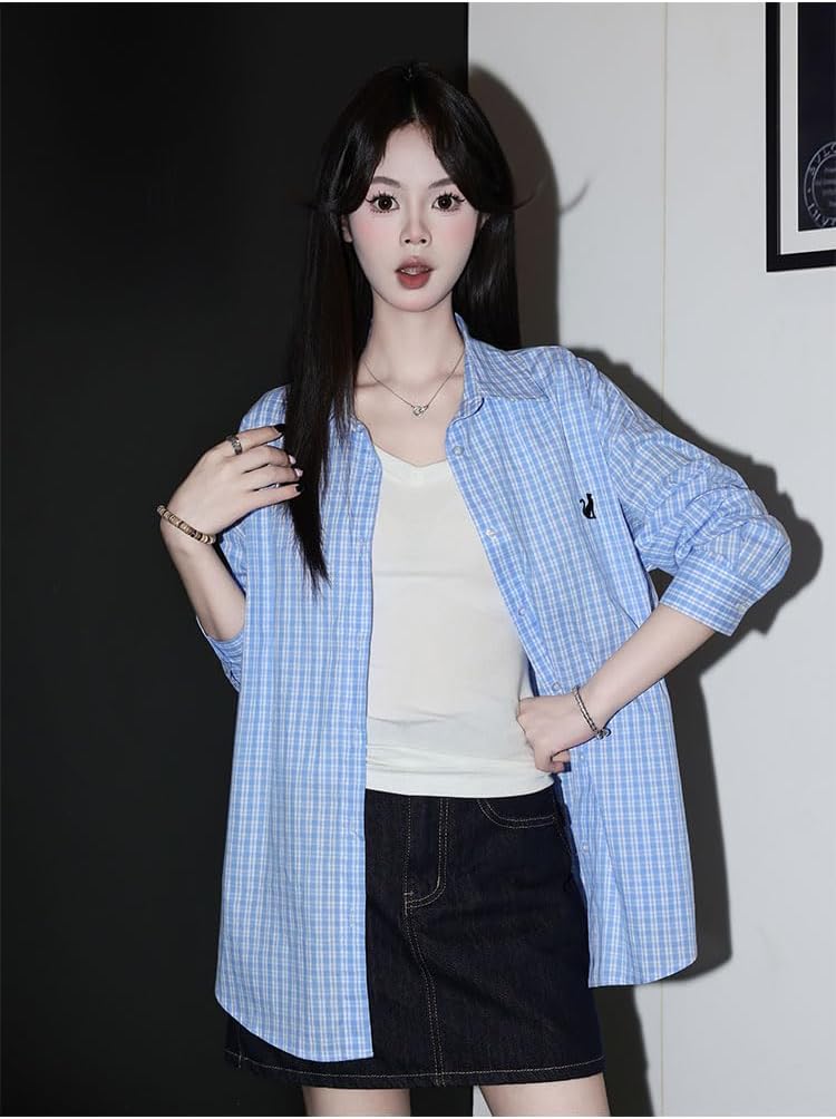Women's Blue08 Plaid Shirt Summer Long Sleeve Layering Shirts for Women