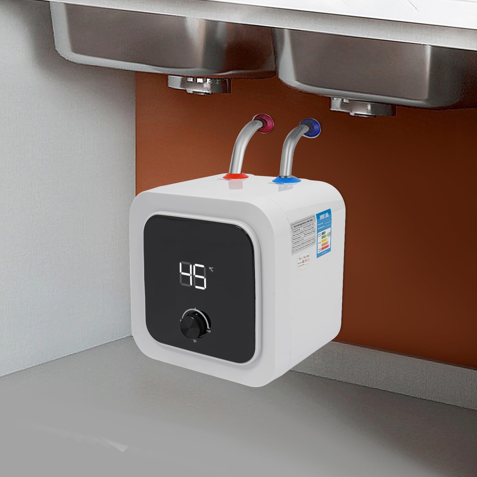 Scaldabagno elettrico istantaneo 8L sottopiano, serbatoio acqua calda 1500W con regolatore di temperatura tubi riscaldanti in acciaio inox 316, scaldabagno per cucina e bagno, protezione IPX4, bianco