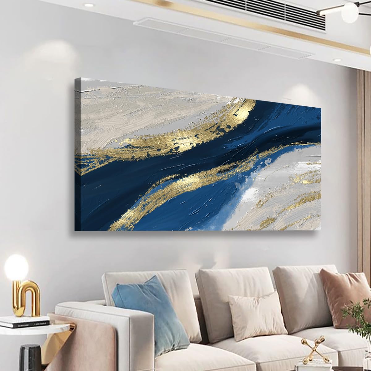 Golden Abstract Wall Art Bedroom Wall Decor Living Room,Blue Canvas Wall Art Office Farmhouse Paintings Artwork Modern Blue White Boho Wall Art Prints Pictures 20 * 40inch