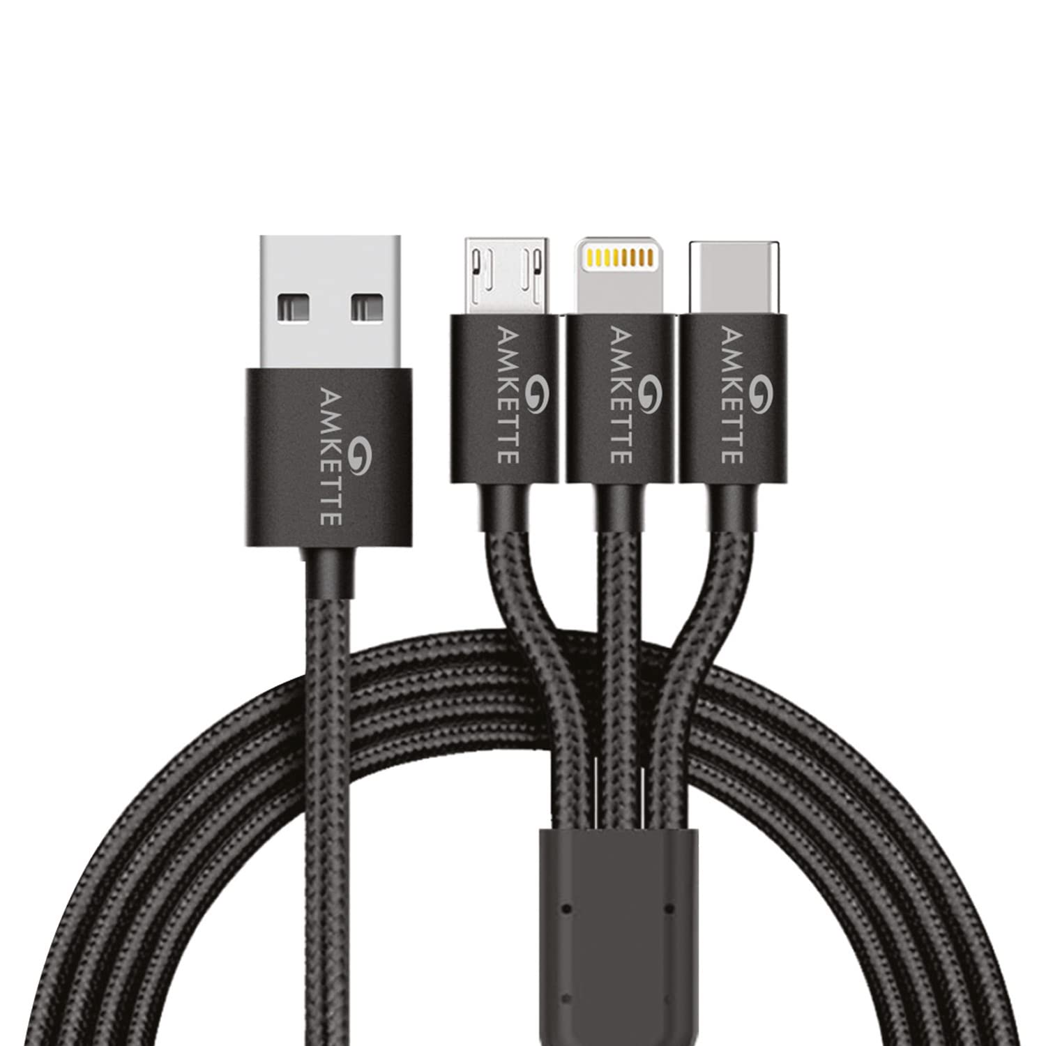 Amkette 3 in 1 Multifunction USB Cable with Type-C, Lightning, and Micro USB Ports | Braided & Durable | Fast Charging Cable for iPhone, Samsung, OnePlus, Mi, Oppo, Vivo, Xiaomi, 1M (Black) (B0C4F5ML38) Amazon Price History, Amazon Price Tracker