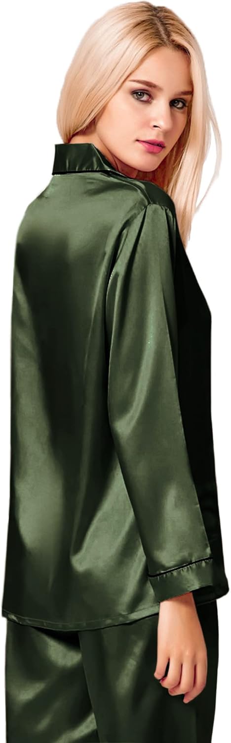 SWOMOG Womens Silk Satin Pajamas Set Long Sleeve Button Down Sleepwear 2 Piece Lounge Set Pj Set XS-3XL - Image 5