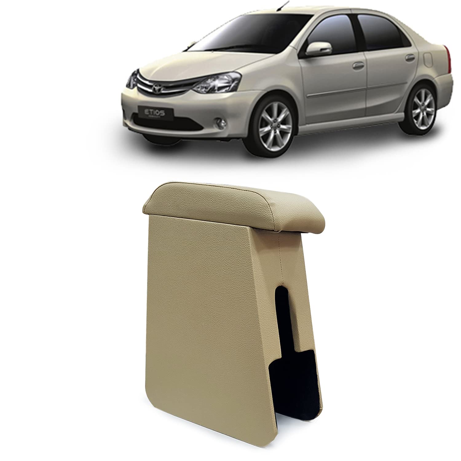 Kingsway Car Wooden Armrest Organizer Compatible with Toyota Etios (Year 2010-2020) - Vehicle Specific Fit Center Console, Beige Color, Enhance Comfort and Storage Compartment, 1 Piece