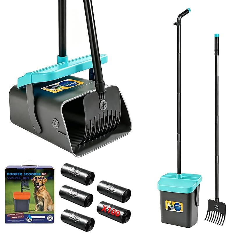 Pá coletora para fezes de cães WuzoClean com cabo longo de 116,84 cm, coletor giratório e rastelo, Cinza e Azul-turquesa, 100 sacos