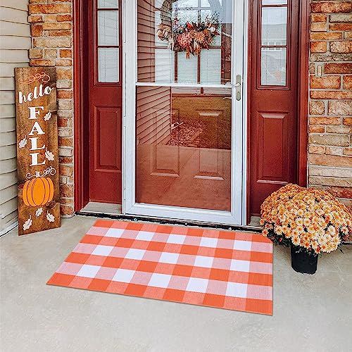 Fall Plaid Rug 28" x 43", Orange and White Buffalo Check Front Porch Outdoor Layered Doormat, Cotton Hand-Woven Washable Rug for Halloween Thanksgiving Autumn Decor