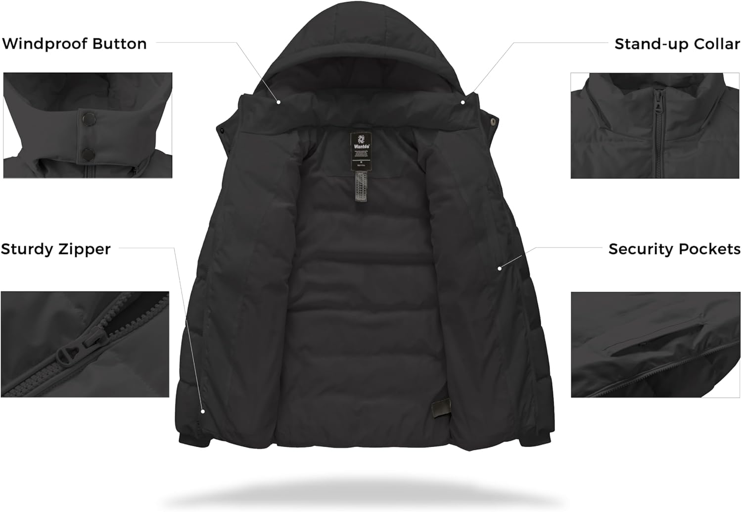 wantdo Men's Waterproof Puffer Jacket Warm Winter Coat Thicken Parka Jacket with Removable Hood (Regular and Big Size) - Image 4
