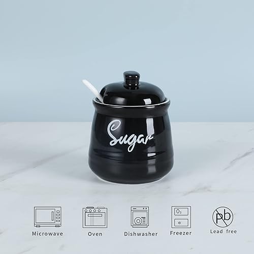 Miniatura 3 de HAOTOP Azucarero de porcelana de granja con tapa y cuchara de 12 onzas, fácil de limpiar (negro)