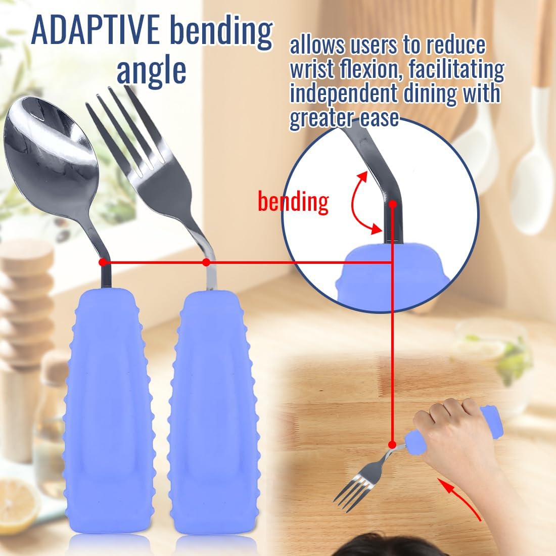 Adaptive Utensils Set – Ergonomic Angled Fork & Spoon for Parkinson's, Tremors, and Stroke Recovery – Weighted Utensils for Hand Tremors, Non-Slip Silicone Grip, Dishwasher Safe