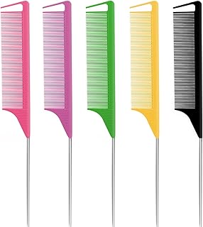 Hair Comb, 5 Pcs Parting Hairdressing Comb Fine Tooth Comb Metal End Rat Tail Hair Comb,with Stainless Steel Handle, Fine Tooth Combs for Women, Barber, 5 Colours Per Set.