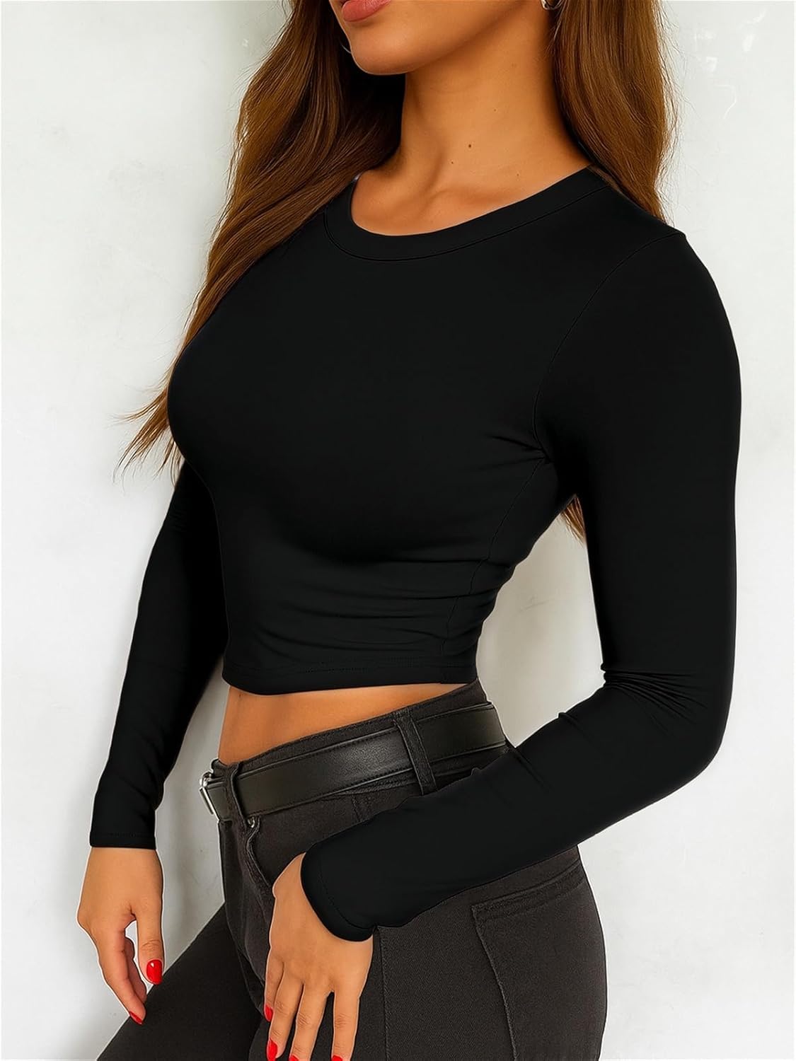 ForeFair Womens Crew Neck Long Sleeve Crop Top Tight Going Out Tops Fitted Fall Y2K Basic Shirts - Image 6