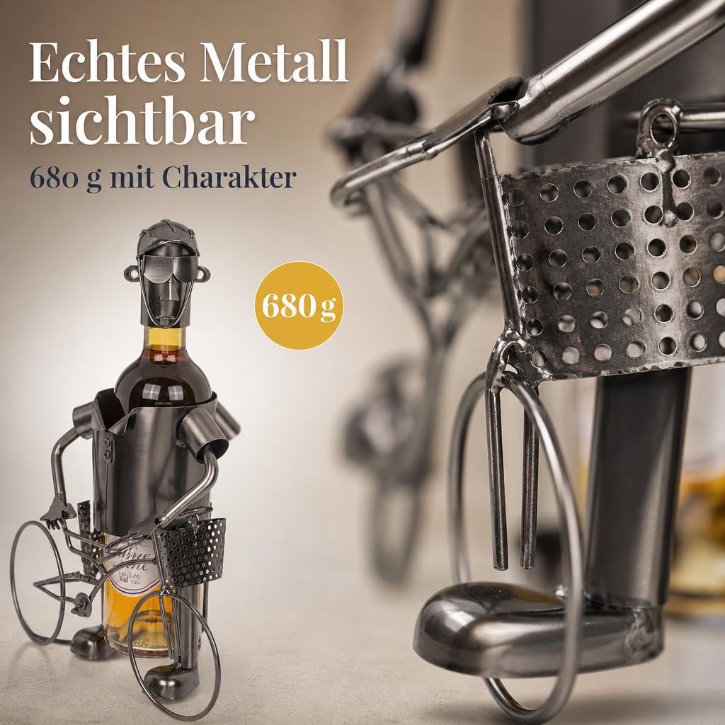 MIJOMA Weinflaschenhalter Fahrradfahrer aus Metall – Deko-Weinständer für 1 Flasche, Handarbeit, originell für Radfahrer, Flaschenhalter Eisen, 25x13x20,5 cm