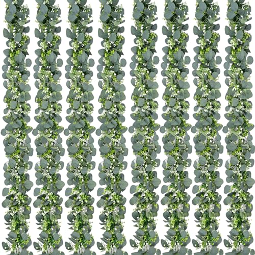Waipfaru 8Pcs Eucalyptus Garland, 5.9FT Greenery Garland, Green Garland with Flowers, Artificial Faux Silver Dollar Eucalyptus Leaves Vines for Table Home Wedding Mantle Party Indoor Outdoor Decor