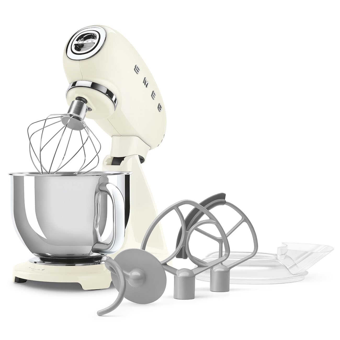 Smeg, Impastatrice Planetaria Full Color SMF05CREU, 10 Livelli di Velocità, Funzione Smooth Start e Steady Mix, Ciotola da 4,8 L, Blocco Motore, 3 Fruste e Gancio Impastatore, 800 W, Panna
