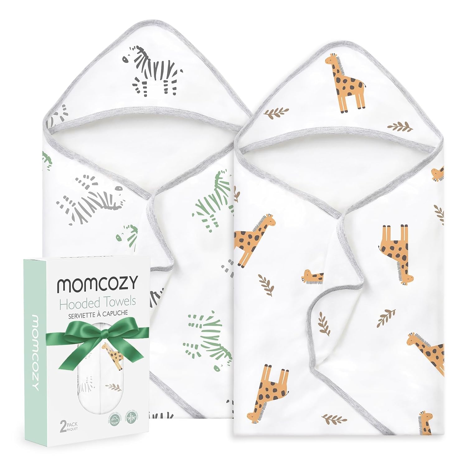 Momcozy Kapuzenbabybadetuch 2er-Pack | Baby Badetuch mit Kapuze & Baumwoll-Frotteestoff | Groß 90x90 cm (35 Zoll) | Badetuch-Set für Jungen/Mädchen von Neugeborenen bis Kleinkind，Dschungel-Buddies