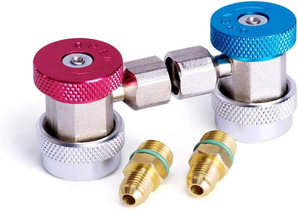 AMAZOR Adjustable R134A Adapter Fittings Quick Coupler Tool Kit High Low AC Freon Manifold Gauge Hose Conversion kit, 1/4" SAE HVAC Set of 2 Pcs