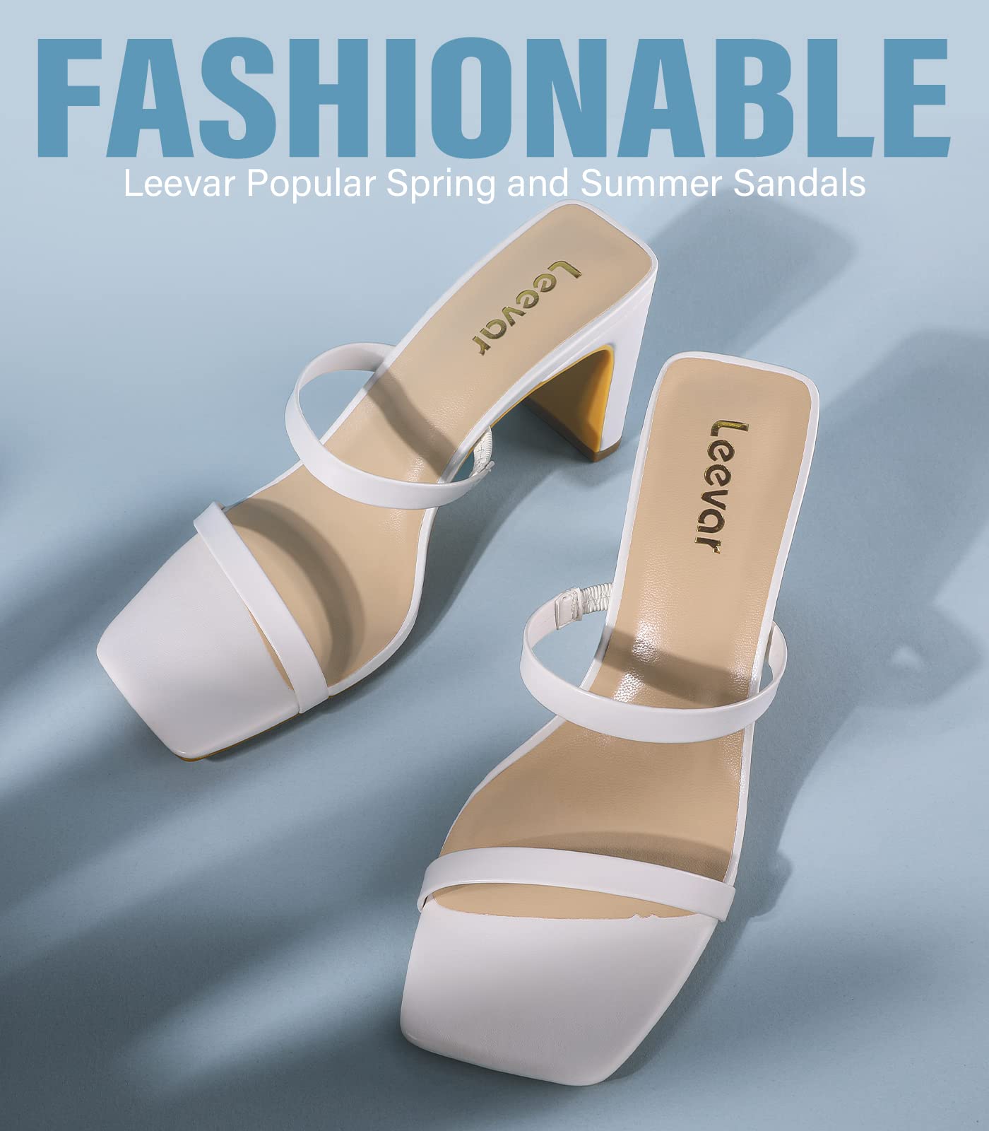 Leevar Square Toe Heels Sandals - White Black Nude Heels Chunky Two Strap Low Heels for Women Leather Mule Sandals Slip On Block Heels for Party Dating Daily Standard Size 2.75 Inch