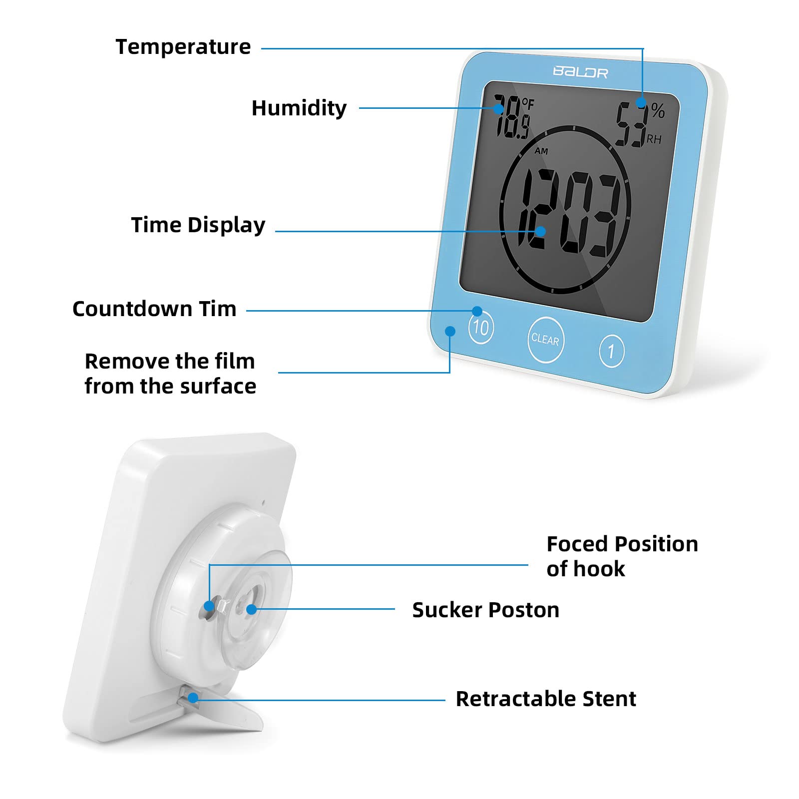 DEECOZY Tendlife - Orologio termoigrometro, orologio da bagno, sveglia digitale LCD, timer per doccia, orologio da bagno portatile con controllo tattile per cucina e bagno
