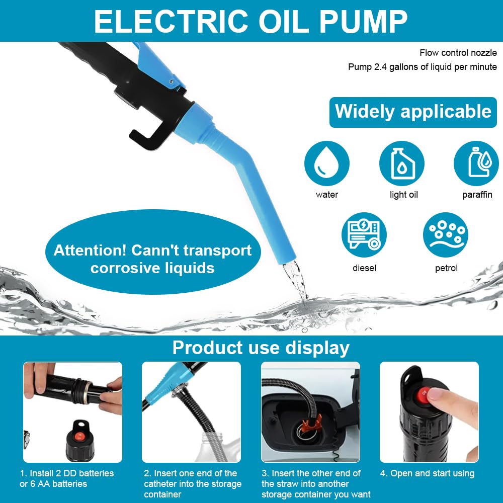 Pompe Electrique Carburant- Alimenté par Batterie, 2,4 GPM (9 L/min) Pompe de Transfert Carburant, Pompe Essence Électrique, pour Essence, Diesel, Huile Moteur, Carburants