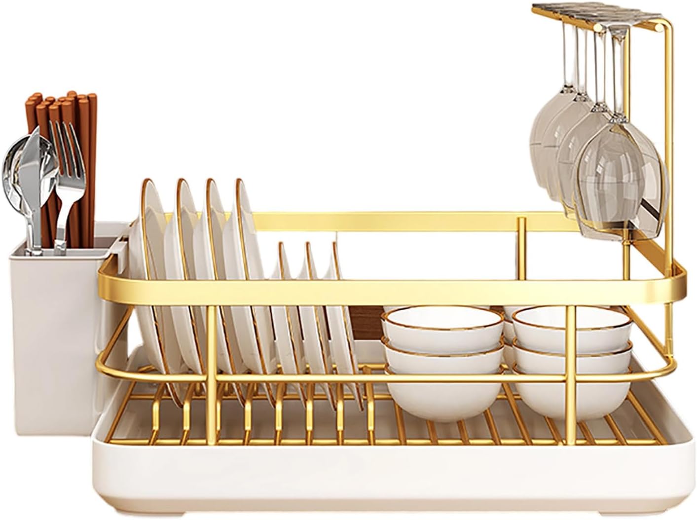 Kitchen Dish Drying Rack with Drainer Tray, Stainless Steel Dishes Drainer with Utensil Holder, Multifunctional Kitchen Utensil Holder Removable Plastic Drainer Tray for Dishes (Gold+Cup Holder)