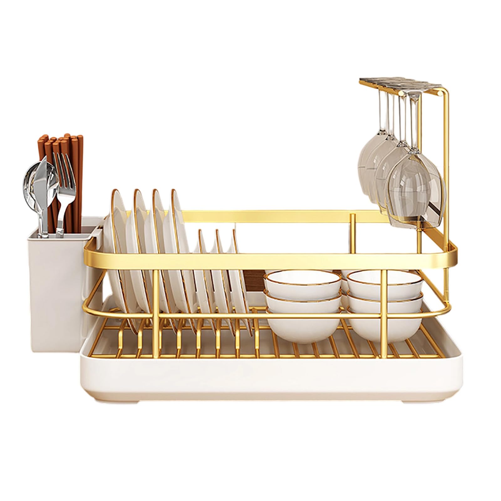 Dish Drying Rack, 2-Tier Multifunctional Rack for Kitchen Counter, with Removable Utensil Holder, Black Sink Accesories (Gold, 34x26x16cm)