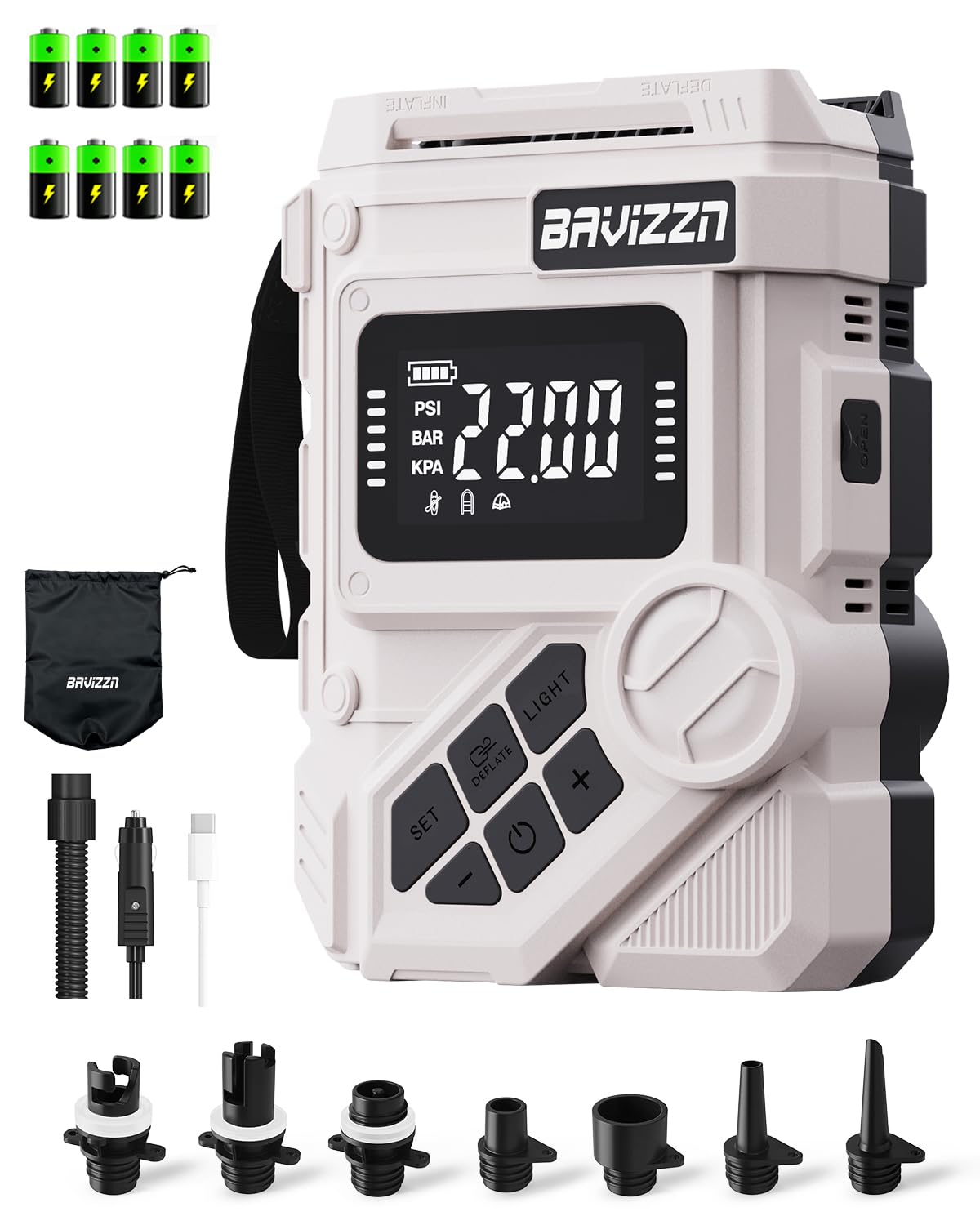 BAVIZZN 22Psi Rechargeable Sup Pump 59.2WH Electric Paddle board Pump Type C Line Inflator And Deflator 12v Dc For Paddle Board,Boat,Kayaks,Water Sports(LIGHTER GREY_7Nozzles)