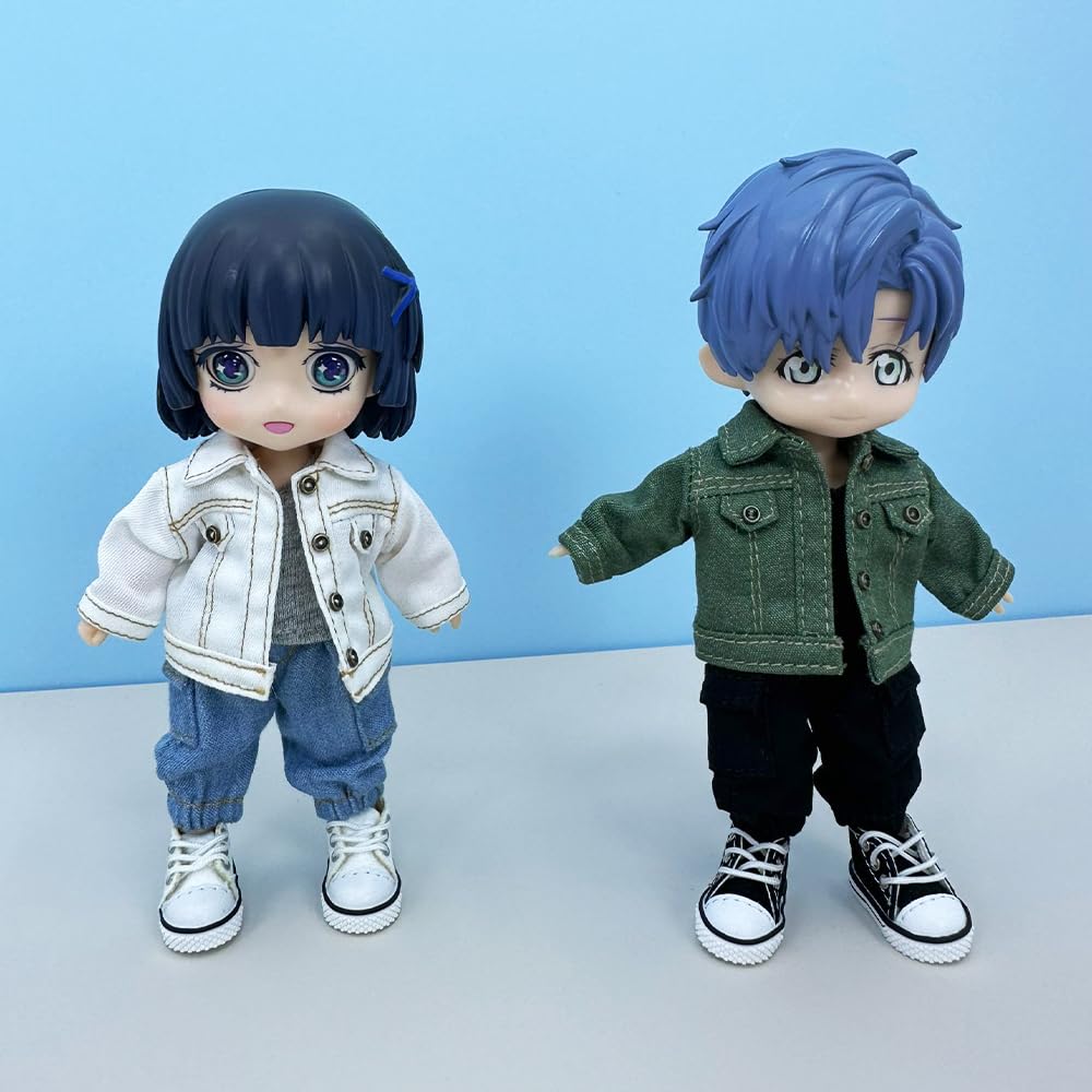 niannyyhouse OB11 1/12 BJD ubranka dla lalek płaszcz spodnie z kieszeniami kamizelka buty dżinsowy strój 10,9 cm figurki lalki dressup (niebieski)