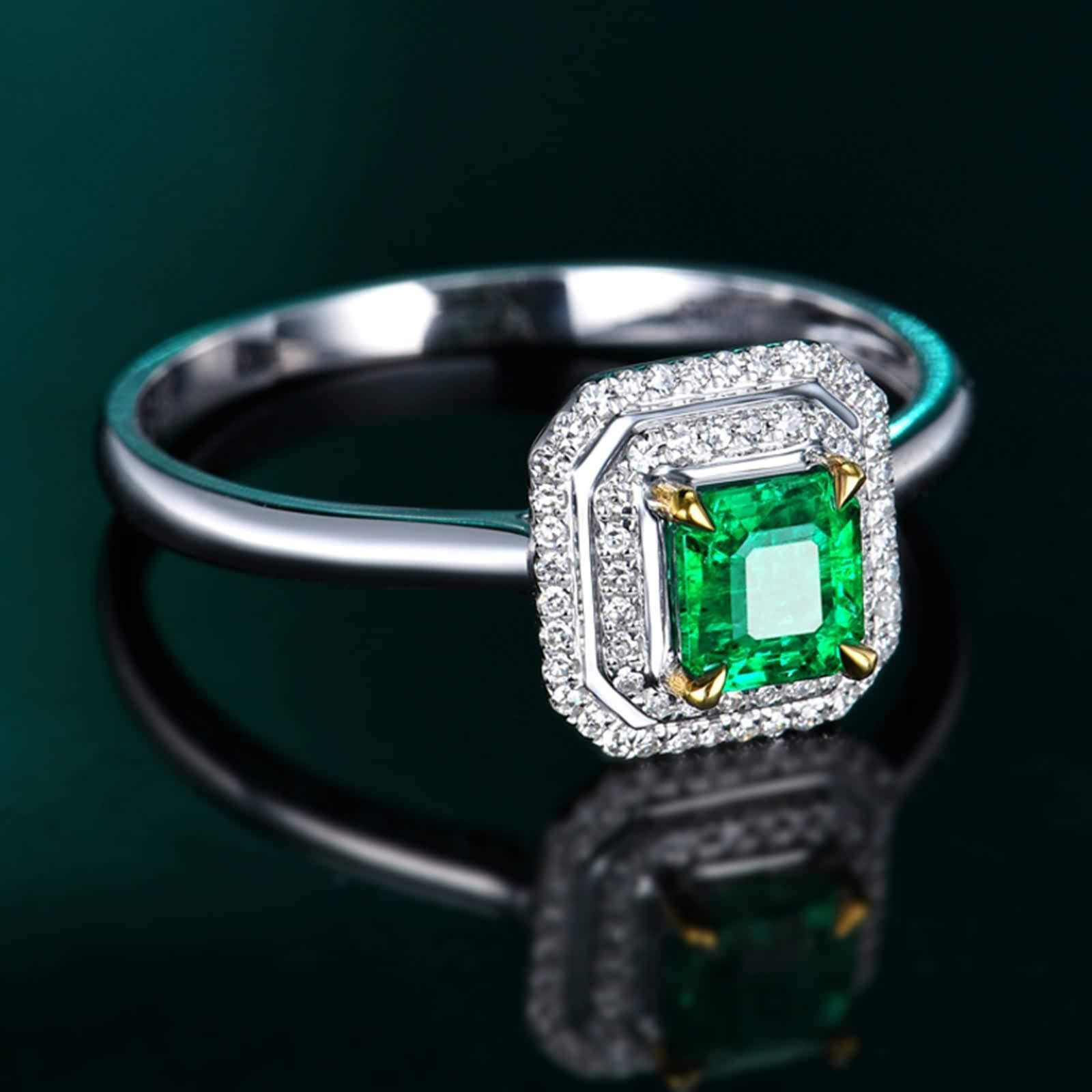 Anillos de Mujer Plata, Alianzas de Boda Cuadrado de 4 Garras con Incrustaciones de Esmeralda Creada En Laboratorio con Joyero