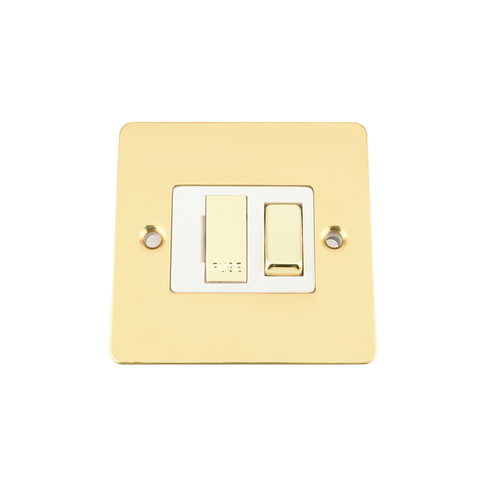 A5 Products Brass Fused Switch - Polished Mirror Flat - White Insert Metal Rocker Switch - 13 Amp Switched Fused Spur Unit