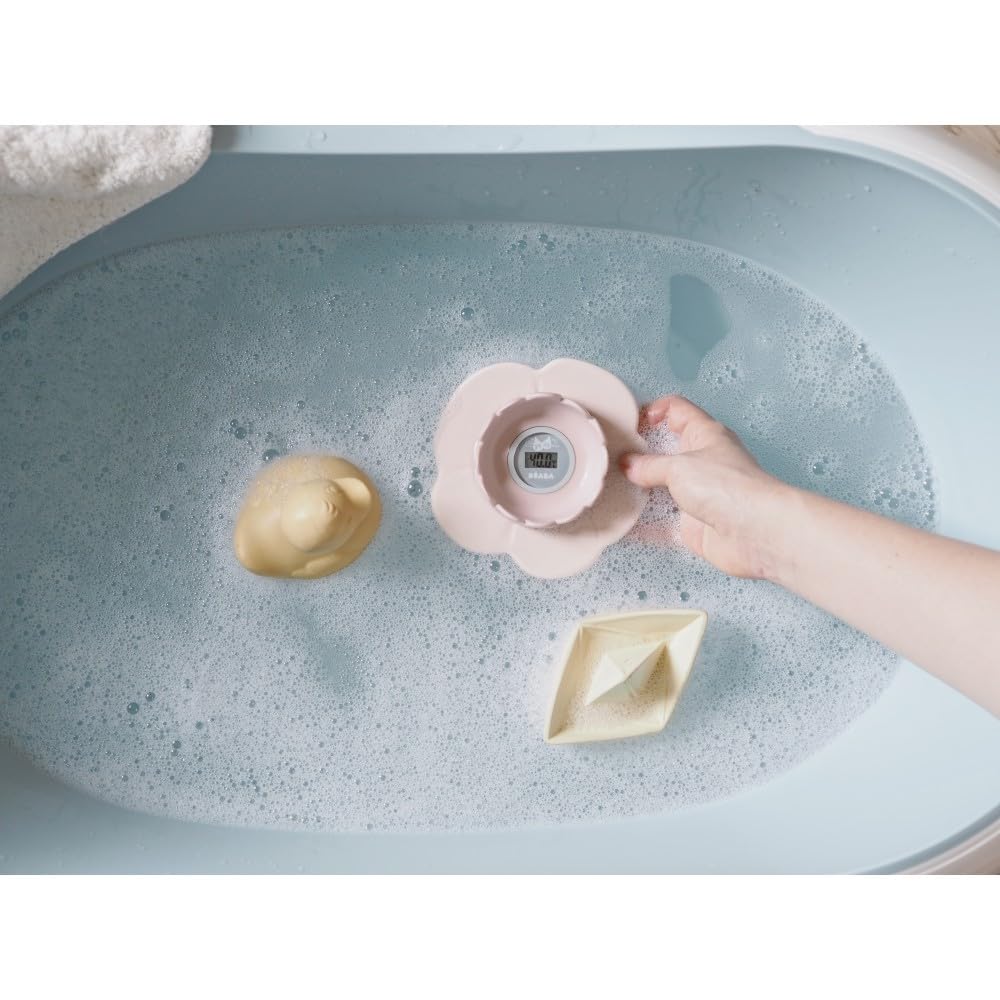 Béaba Thermomètre de bain"Lotus", Digital, Multifonctions, Prise température de la piéce et du bain, Forme ludique Fleur, Old Pink