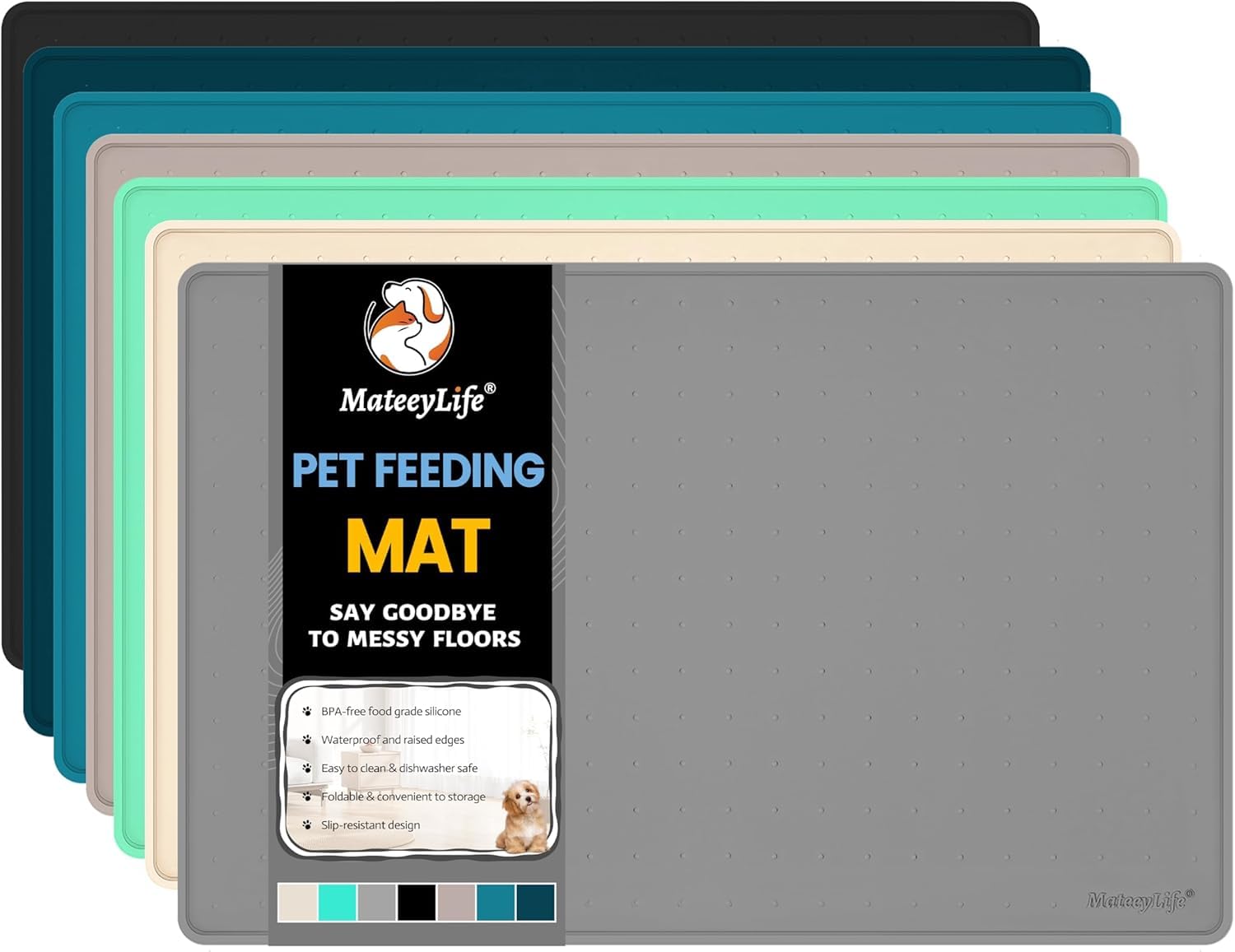 MateeyLife Dog & Cat Food Mat for Floors Waterproof, Nonslip Bowl Mats for Food and Water, Dog Feeding Mats with Raised Edges, Silicone Dog Water Matt Tray for Messy Drinkers, 18