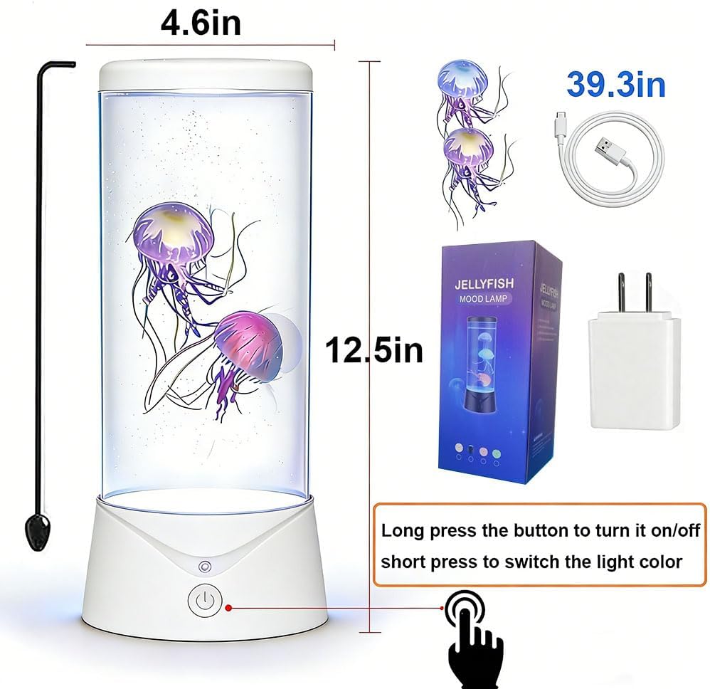 Jellyfish Lamp 9 Color Changing 2 Mode Portabe Jelly Fish Night Light LED Mood Lamp Home Decor for Room Office Night Light Liquid Motion Lamp Ideal Gift for Kids (White)