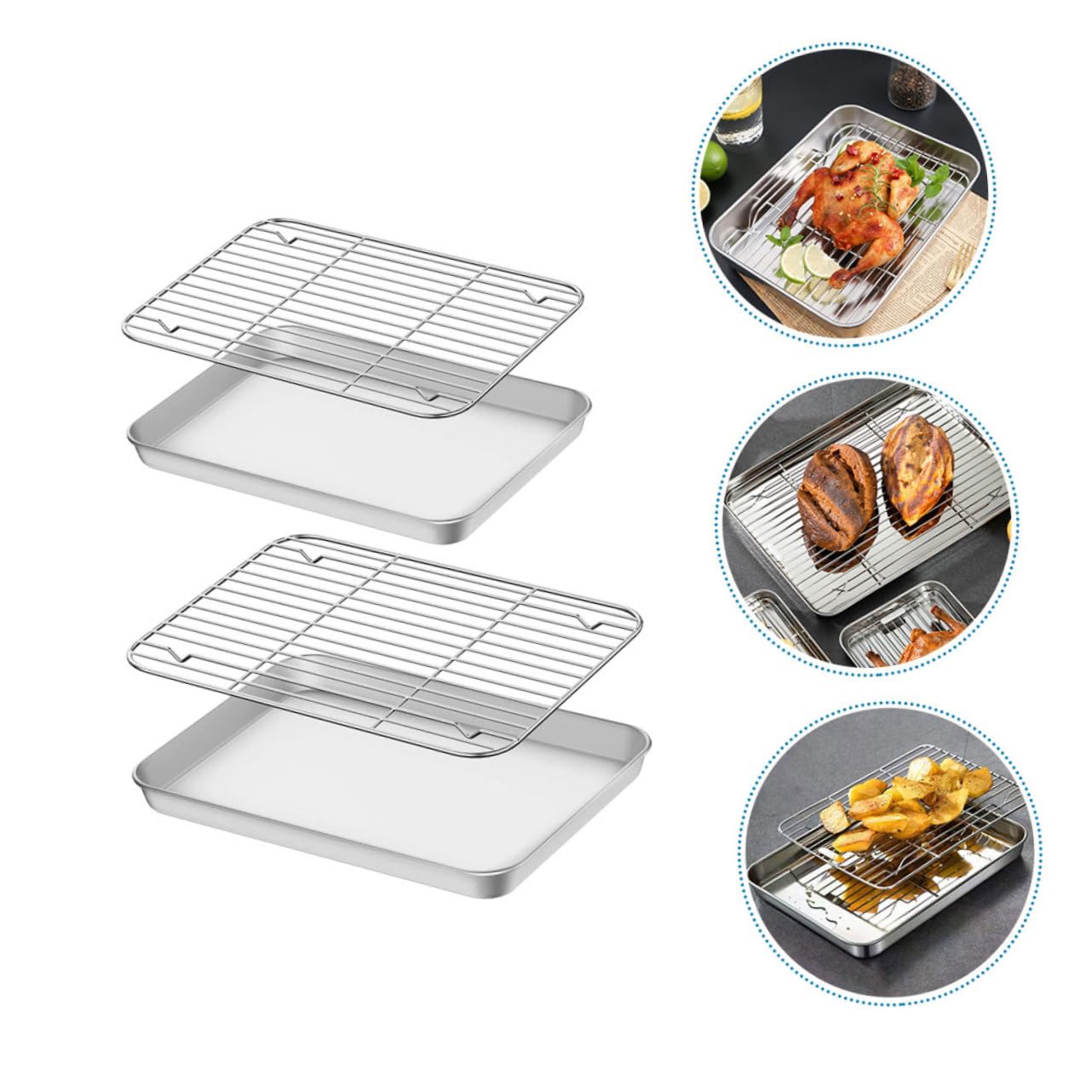 VICASKY Backblech mit Spiegelpolitur mit Kühlgitter 2 Stück aus Edelstahl Langlebiges Backzubehör zum Backen von Brot und Fleisch