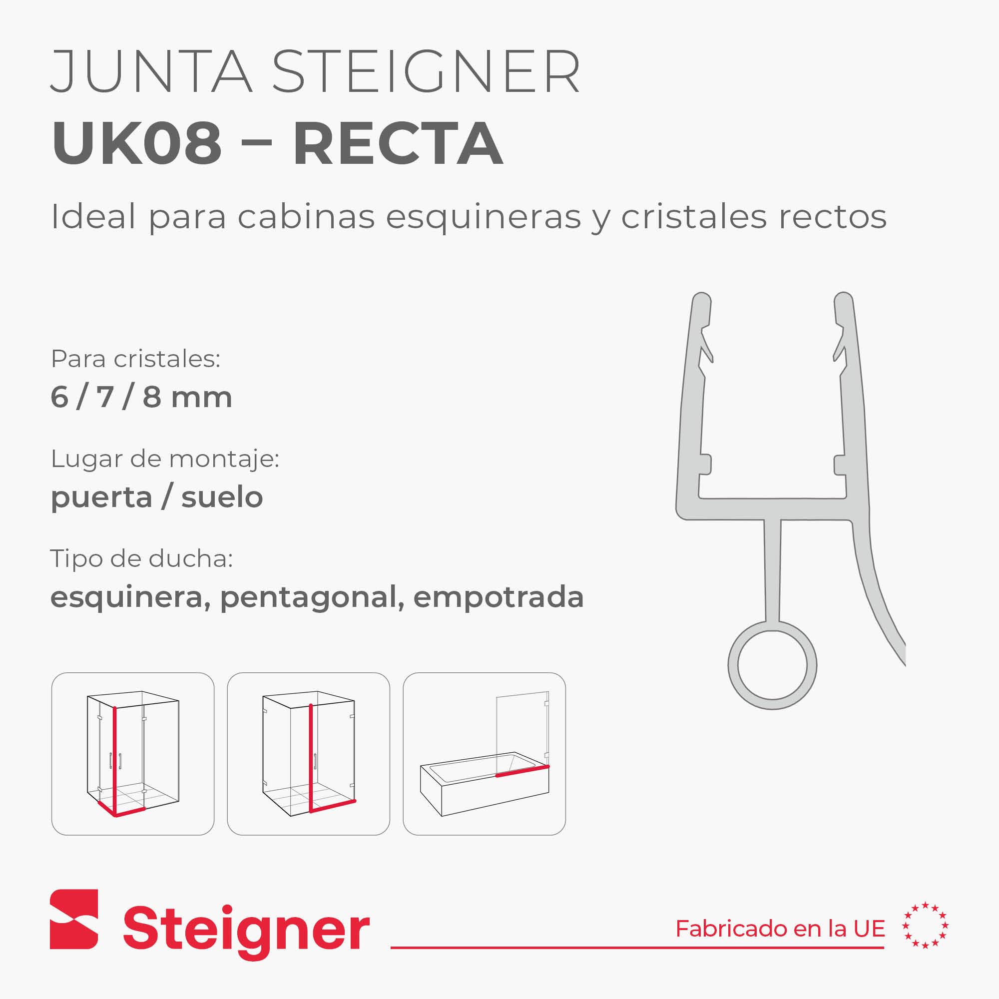 STEIGNER Junta mampara ducha UK08 90 cm (1 ud.) transparente - Junta vertical para ducha angular o pentagonal con puerta 6-8 mm - Ajuste perfecto, Impermeable, Fácil instalación, Acabado discreto
