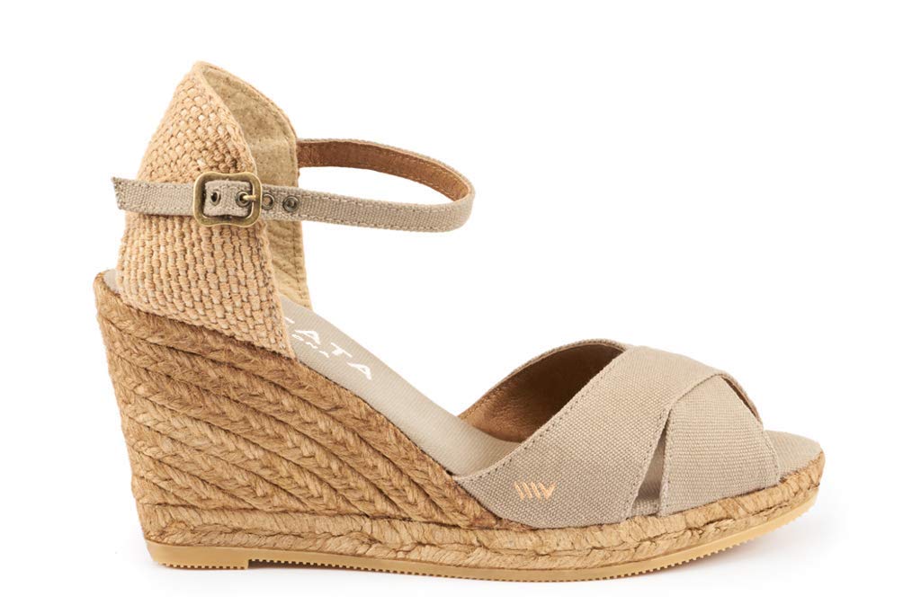 VISCATAViscata Aiguablava Canvas Wedges with Ankle Strap Handmade 3 ½” Heel Women's Sandals with Breathable Cotton Canvas, Cross Band Toe Box and 100% Natural Jute Midsole for All Casual Occasions