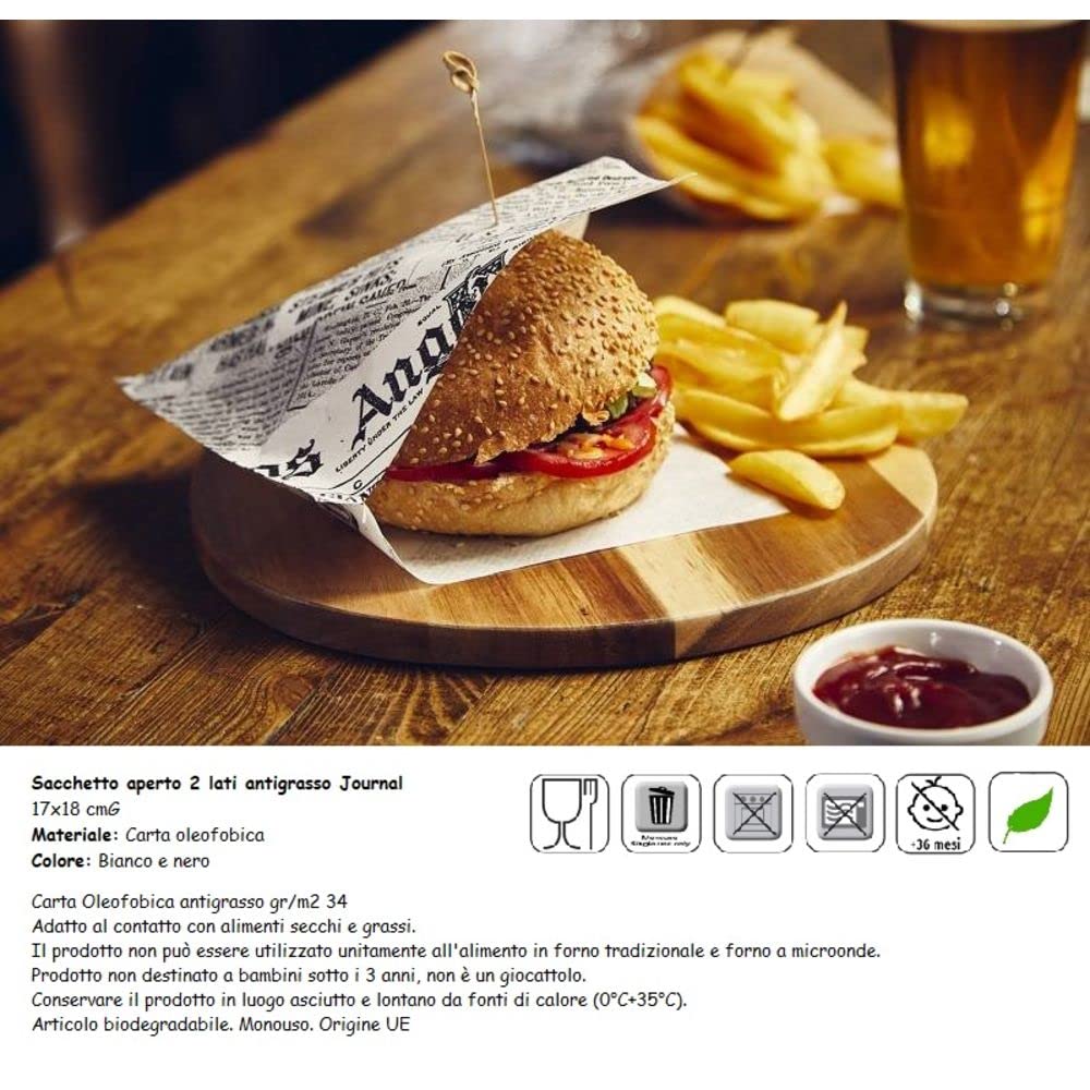 MAQA 500 pz Sacchetti panini in carta antigrasso 17x18 cm, sacchetto toast aperto in 2 lati, sacchetto take away panini motivo giornale