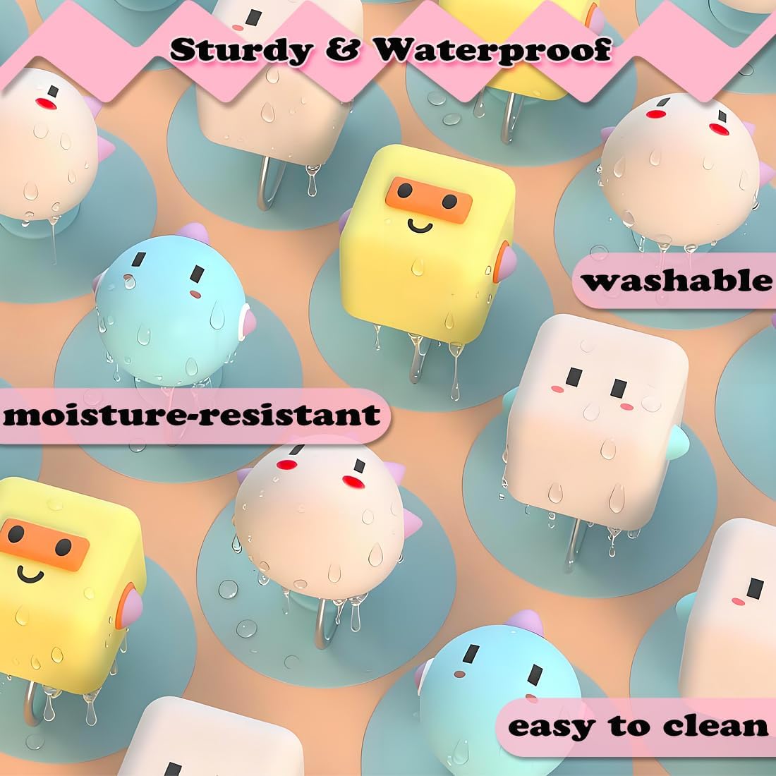 Multi-Purpose 3D Adhesive Hooks - Set of 4 Cartoon Hooks, Door Stopper, Sliding Door Handle, Drawer Pull & Toilet Lid Lifter, No Drill Decorative Wall Hooks for Kitchen, Bathroom, Door, Cabinet