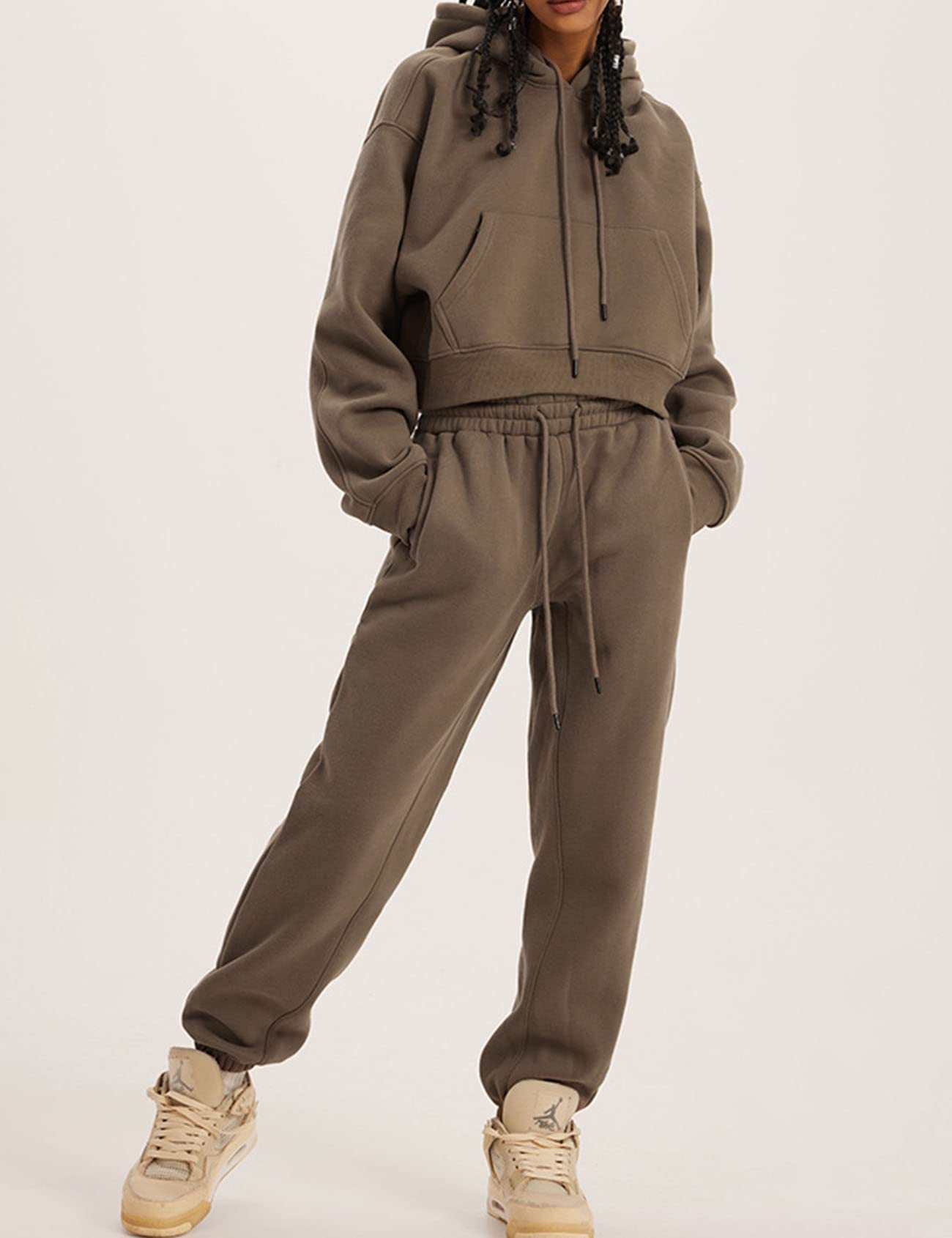 Damskie 2-częściowe stroje bluzy z kapturem krótki pulower i spodnie joggery polar dres zestaw dresowy, Kawa, L