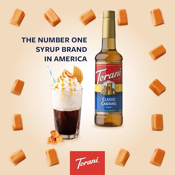 Torani Classic Caramel Coffee Syrup Gift Set (4 x 750ml) - Premium Caramel Syrup & Flavouring for Lattes, Macchiatos & Iced Coffee - Barista Quality, Vegetarian-Friendly