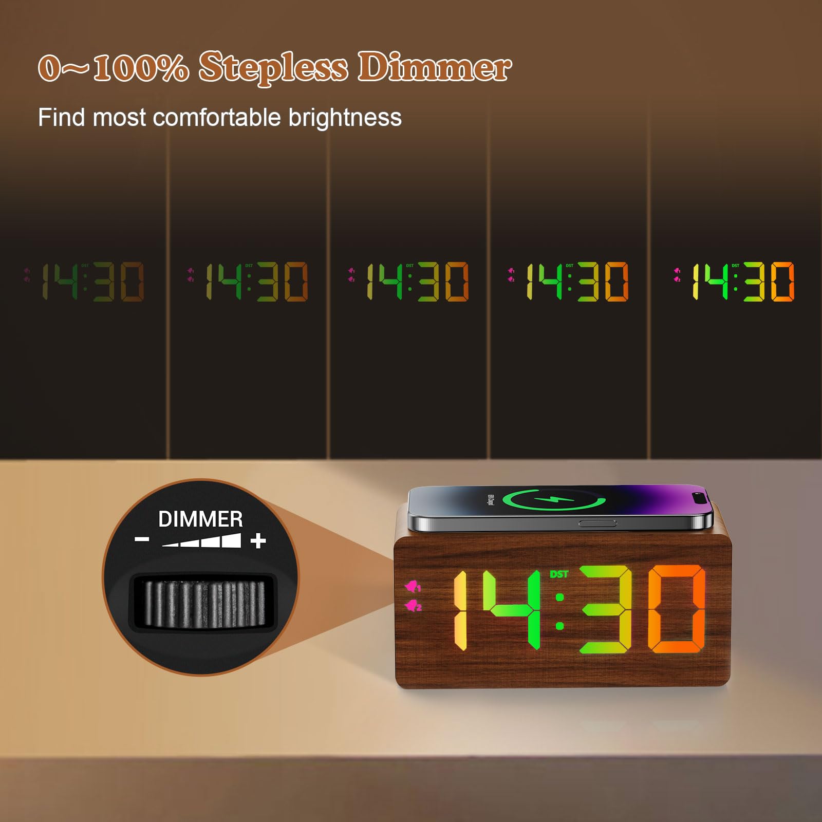 Réveil Numérique En Bois Avec Chargeur Sans Fil 10W Et Ports USB - Grand écran LED, Luminosité Réglable 0-100%, Double Alarme - Pour Chambre, Bureau, Table De Chevet