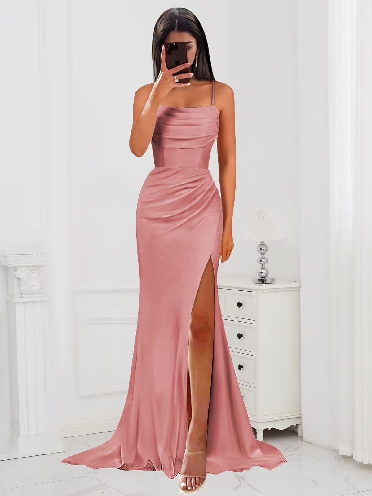 HUINI Satin Brautjungfernkleider Damen Meerjungfrau Spaghettiträger Abendkleid mit Schlitz