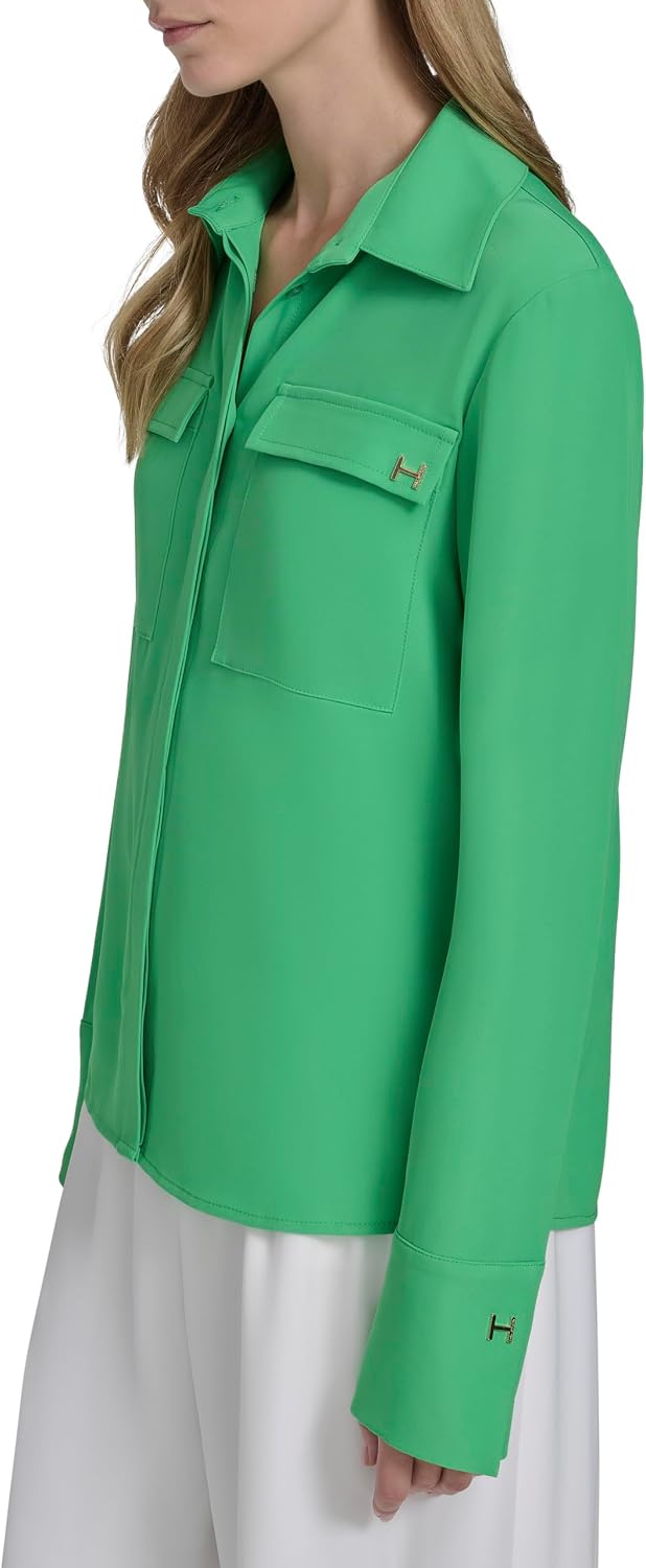 Halston Women's Drapped Front V Neck Collared Blouse with Button Details