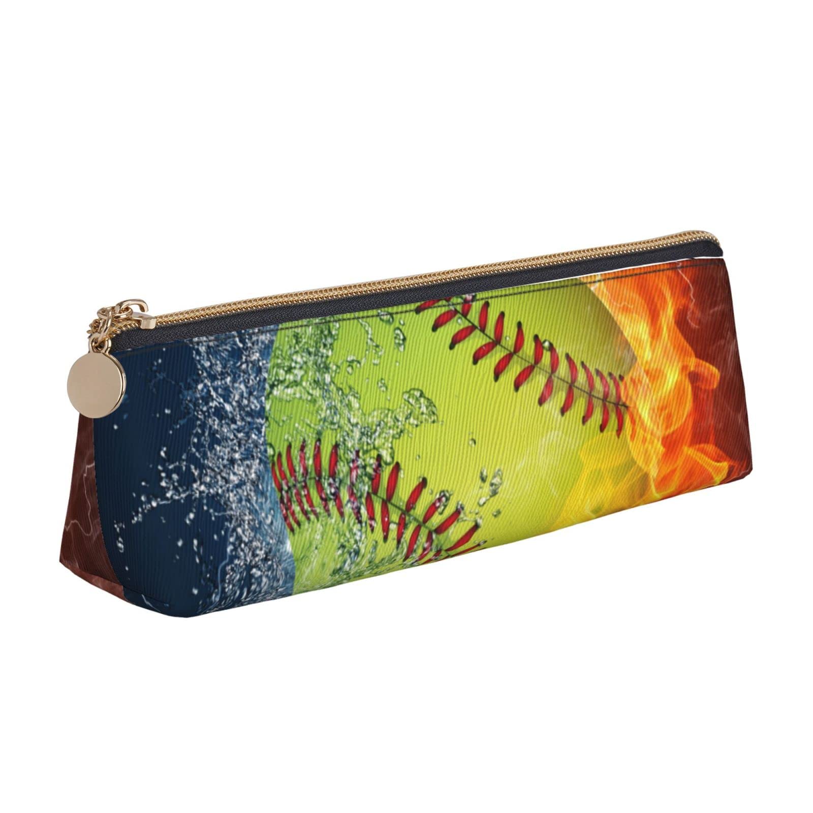 ASEELO Orange Softball Baseball On Fire And Water Printed Pencil Case With Zipper Pencil Pouch, Stationery Organizer, Portable Stationery Bag