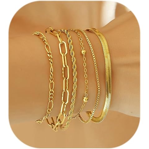 Wgoud Waterproof Gold Bracelets for Women Trendy, Dainty 14K Real Gold Plated Fashion Stackable Bracelet Sets for Women Thin Cuban Link Paperclip Chain Bracelets Layered Gold Jewelry Sets Gifts for Womens