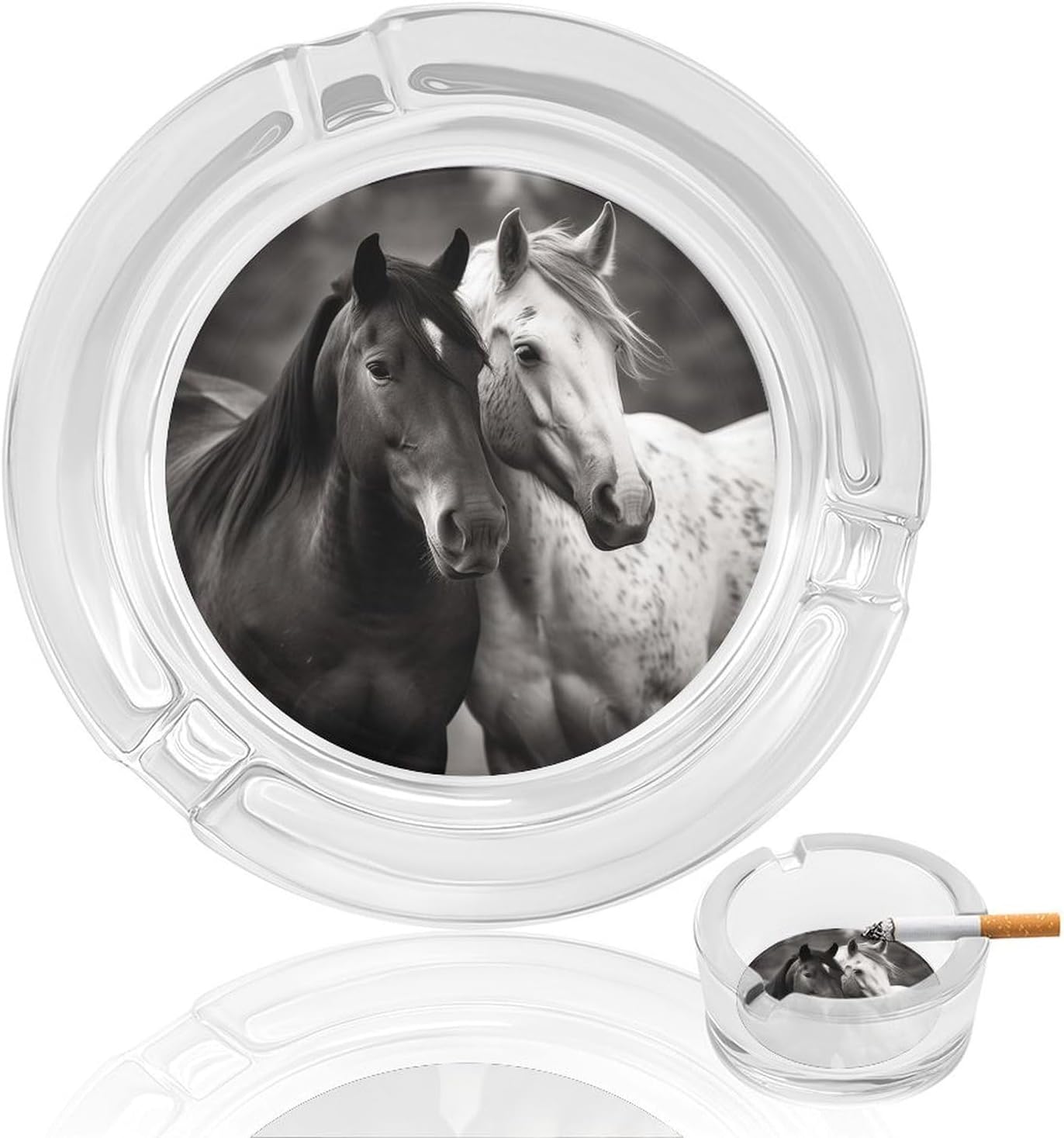 Round Ashtray,Black And White Horsesprinted Portable Ashtray,Tabletop Ashtray for Home Office Indoor Outdoor Patio Use And Modern Decoration